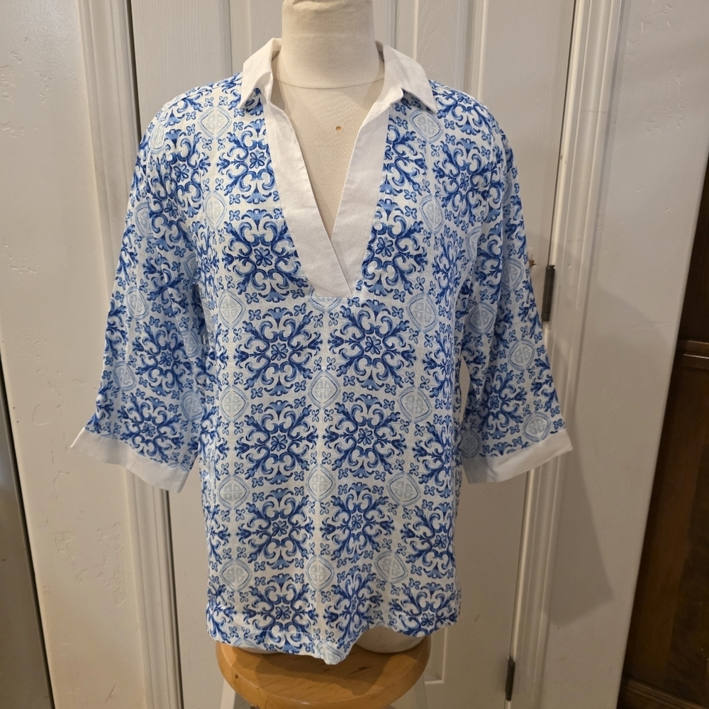 Isaac Mizrahi New York Moroccan Print 3/4 Sleeve Linen Tunic